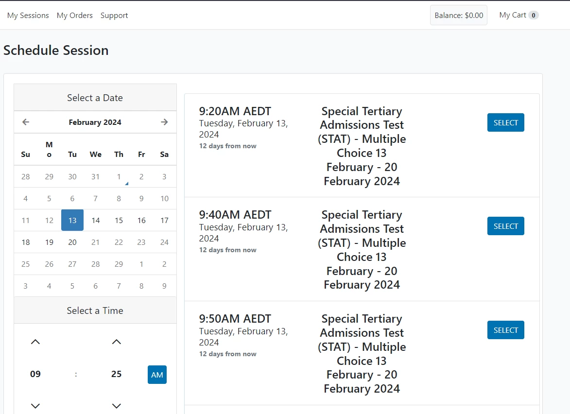 example screen showing STAT schedule