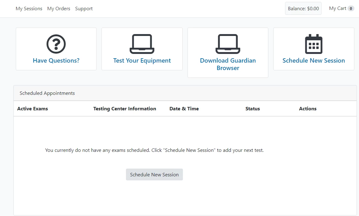 dashboard showing the schedule new session area